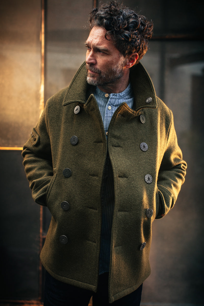 Olive pea coat mens best sale